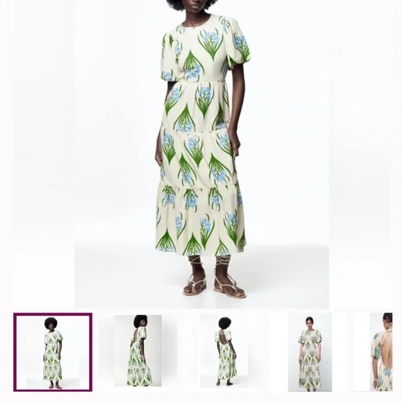 Zara Ecru Floral Linen Cotton Midi Dress Open Back Size Small - Picture 4 of 13